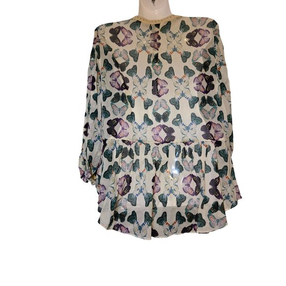 NWT Butterfly Print Sheer Boho Blouse Lace Trim/Button Flowy Lightweight Sz SP - Picture 4 of 8